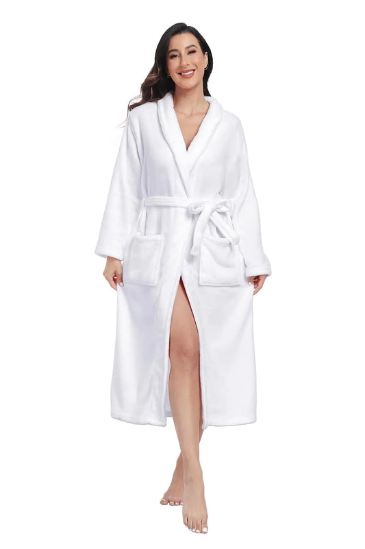 Womens Plush Fleece Robe Cozy Warm Long Bathrobe Shawl Collar Fluffy Winter Robes for Women White 2X-3X